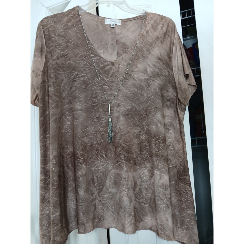 Shannon Ford ‎ Taupe Tan Tunic Top Short Sleeves Chain Women's Size 2X